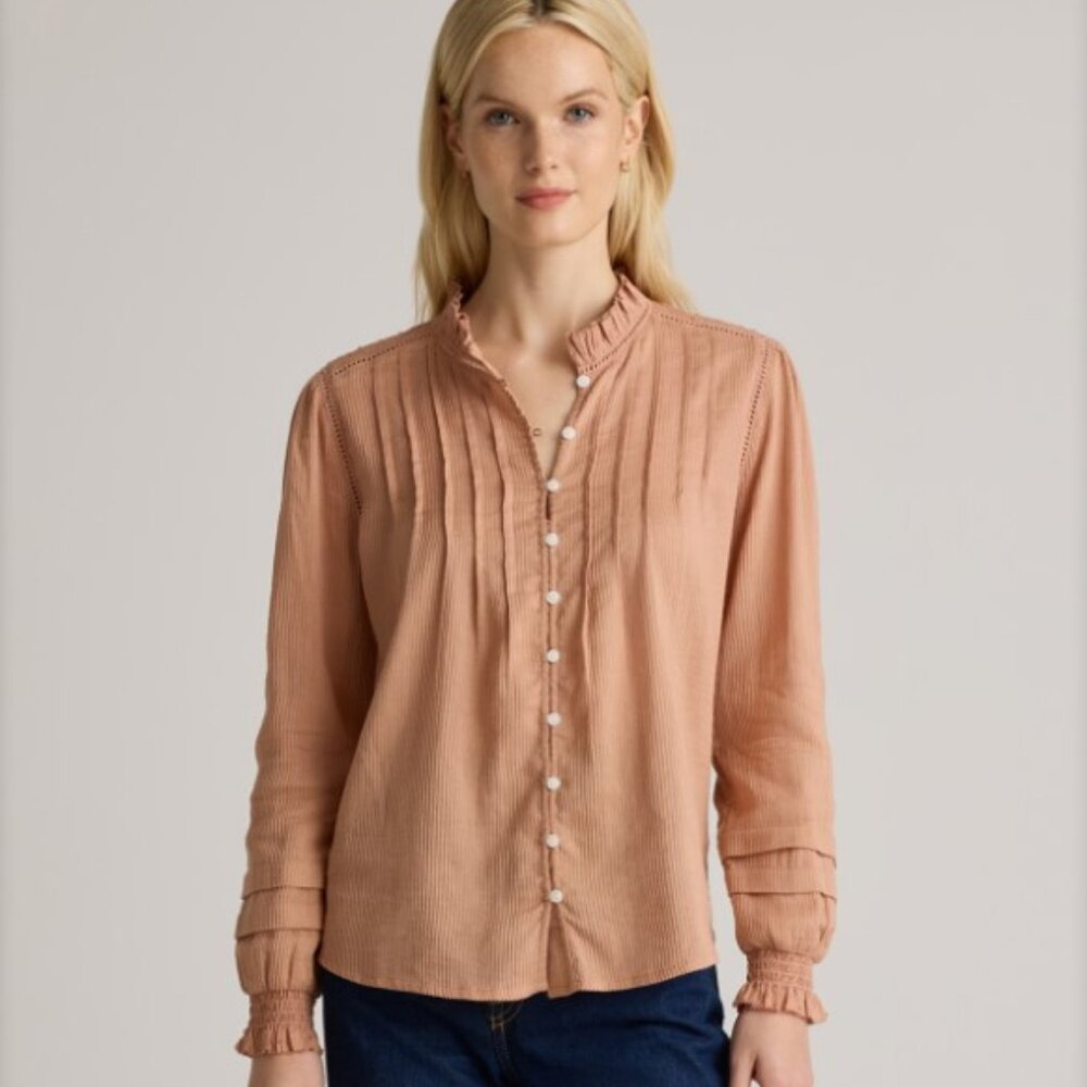 Quince Peach Long-Sleeve Pintuck Button-Front Blouse